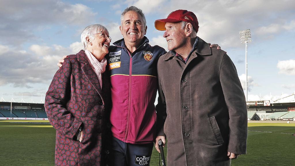 Brisbane Lions coach Chris Fagan, with parents Beth and Austin Fagan in Launceston in 2019. Picture: Zak Simmonds