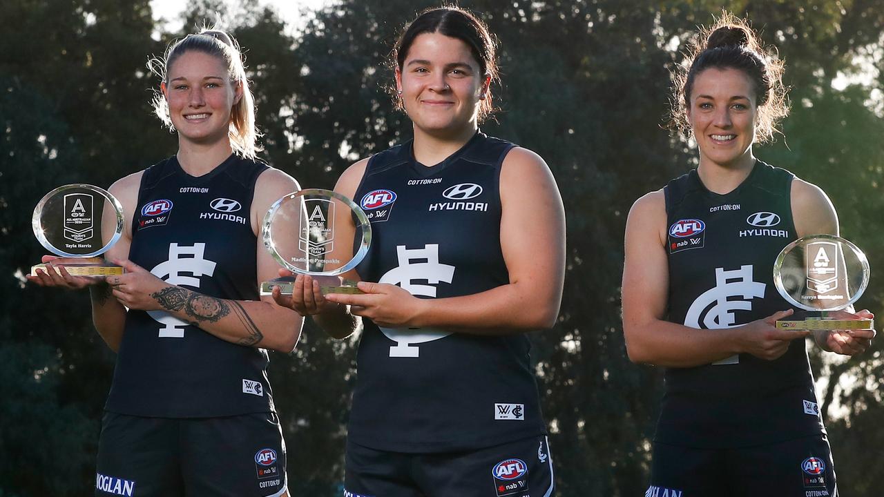 Calrton, in 2020, produced a trio of All Australian stars in Tayla Harris, Madison Prespakis and Kerryn Harrington. Picture: AFL Photos/Getty Images