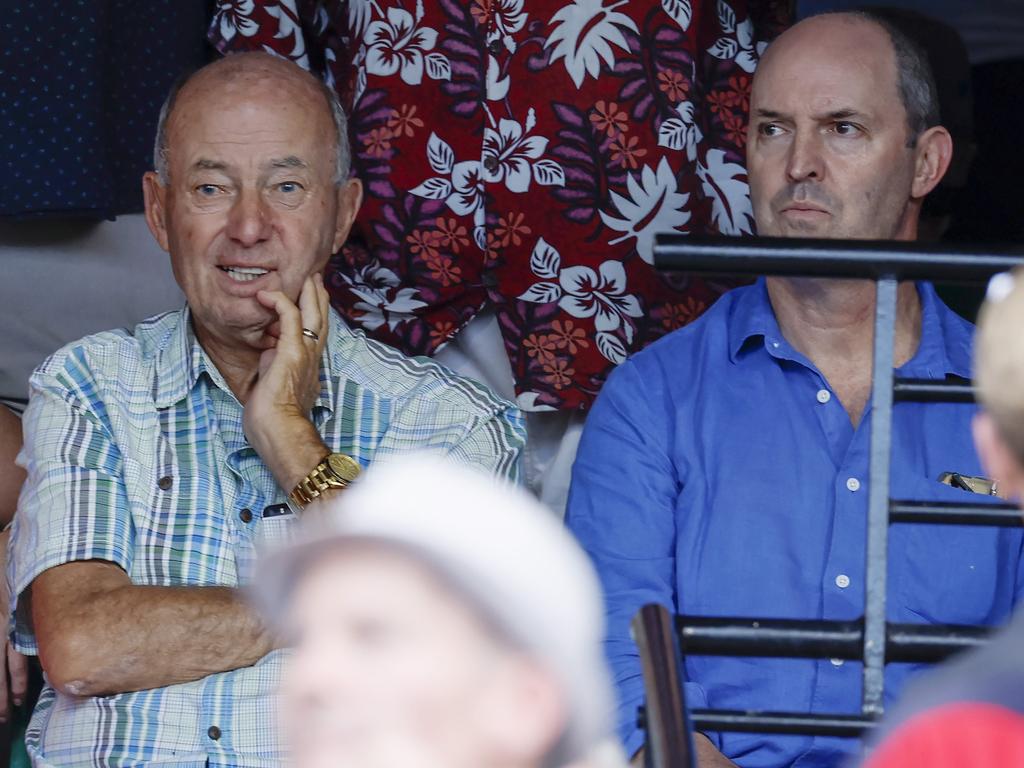Nigel Kellett (right) and his dad Doug watch the Bulldogs take on Melbourne on the round 1 match at the MCG this year. Picture: Michael Klein