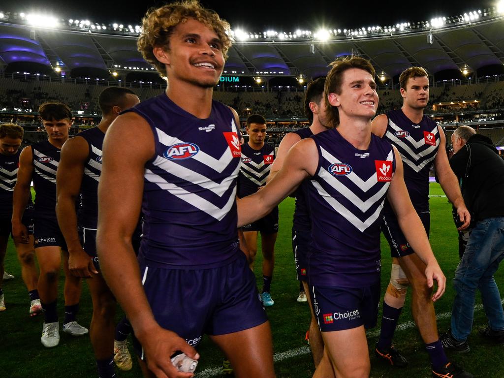 Henry and Serong after a win at Perth’s Optus Stadium last year. Picture: Daniel Carson/AFL Photos via Getty Images