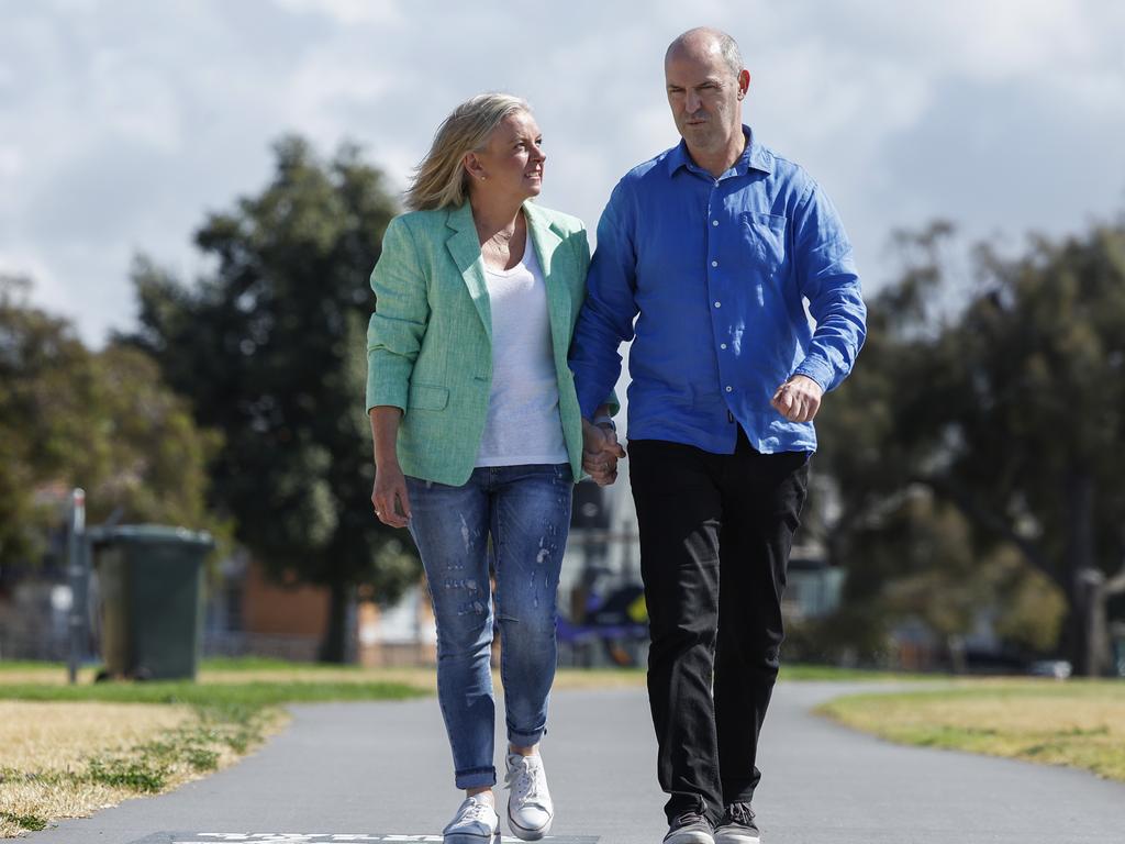 Nigel and partner Sue at beach over looking Williamstown. Picture: Michael Klein