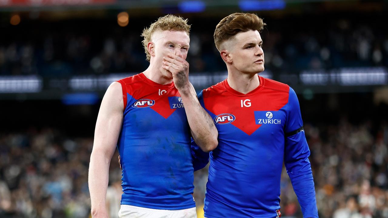 Clayton Oliver and Bayley Fritsch. Photo by Michael Willson/AFL Photos via Getty Images.