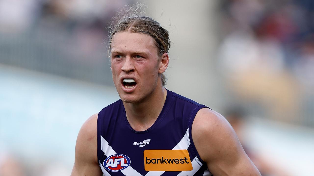 Fremantle is facing a selection headache in 2024, with [PLAYERCARD]Hayden Young[/PLAYERCARD] set to move from the backline into a stacked midfield. Picture: Getty Images