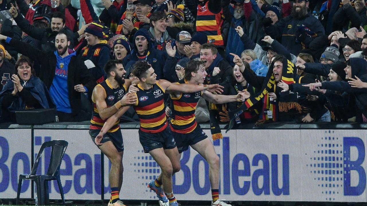 [PLAYERCARD]Ben Keays[/PLAYERCARD] and teammates celebrate the goal that wasn’t against Sydney. Picture: Mark Brake/Getty Images