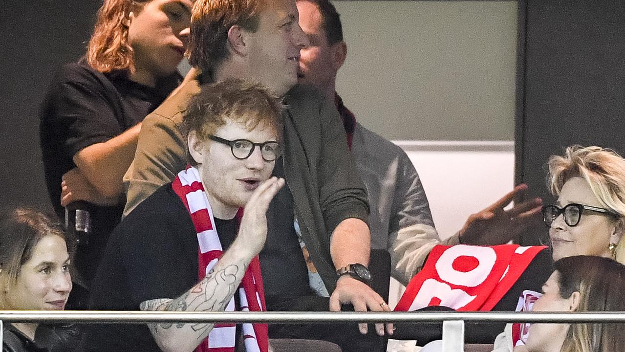 Ed Sheeran rocking the red, white and black. Picture: Jake Nowakowski