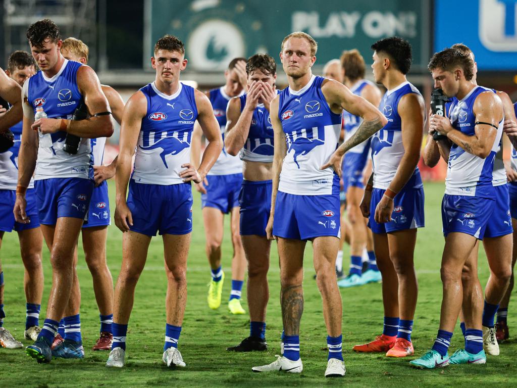 DARWIN, AUSTRALIA - MAY 11: [PLAYERCARD]Jaidyn Stephenson[/PLAYERCARD] of the Kangaroos looks dejected after a loss after the 2024 AFL Round 09 match between the Gold Coast SUNS and North Melbourne Kangaroos at TIO Stadium on May 11, 2024 in Darwin, Australia. (Photo by Dylan Burns/AFL Photos via Getty Images)