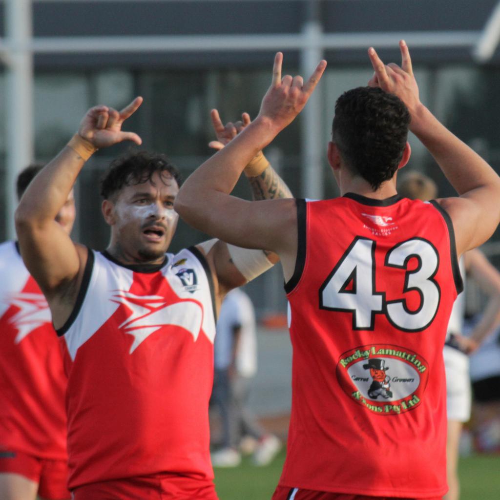 Isaiah Johnson and Ricardo Liparota playing for Robinvale-Euston in the Sunraysia league last year.