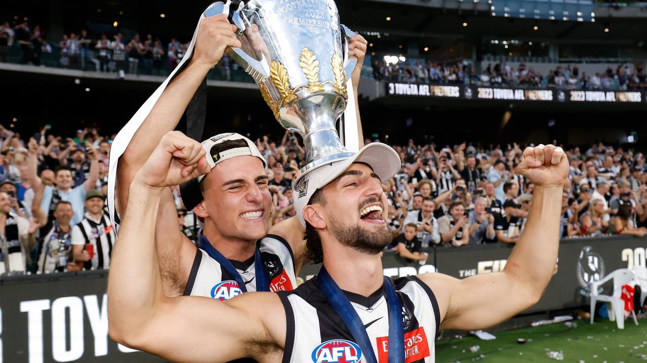 Josh and Nick Daicos revel in Collingwood’s Grand Final win. Picture: Dylan Burns/AFL Photos via Getty Images