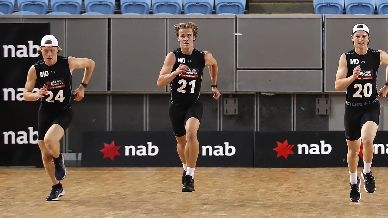 Trent Rivers (middle) finished fourth in the draft combine agility test. Picture: Dylan Burns