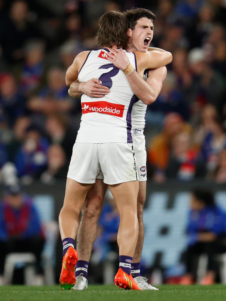 Serong and [PLAYERCARD]Andrew Brayshaw[/PLAYERCARD] are teammates, mates and now fellow vice-captains. Picture: Michael Willson/AFL Photos via Getty Images