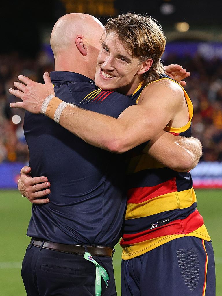 Worrell with [PLAYERCARD]Matthew Nicks[/PLAYERCARD] after the Showdown win over Port Adelaide. Picture: Getty Images