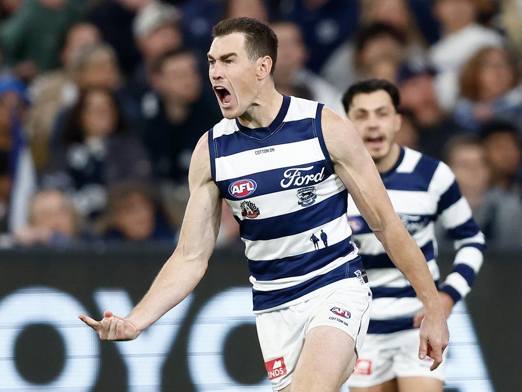 MELBOURNE, AUSTRALIA – APRIL 27: [PLAYERCARD]Jeremy Cameron[/PLAYERCARD] of the Cats celebrates a goal during the 2024 AFL Round 07 match between the Geelong Cats and the Carlton Blues at the Melbourne Cricket Ground on April 27, 2024 in Melbourne, Australia. (Photo by Michael Willson/AFL Photos via Getty Images)