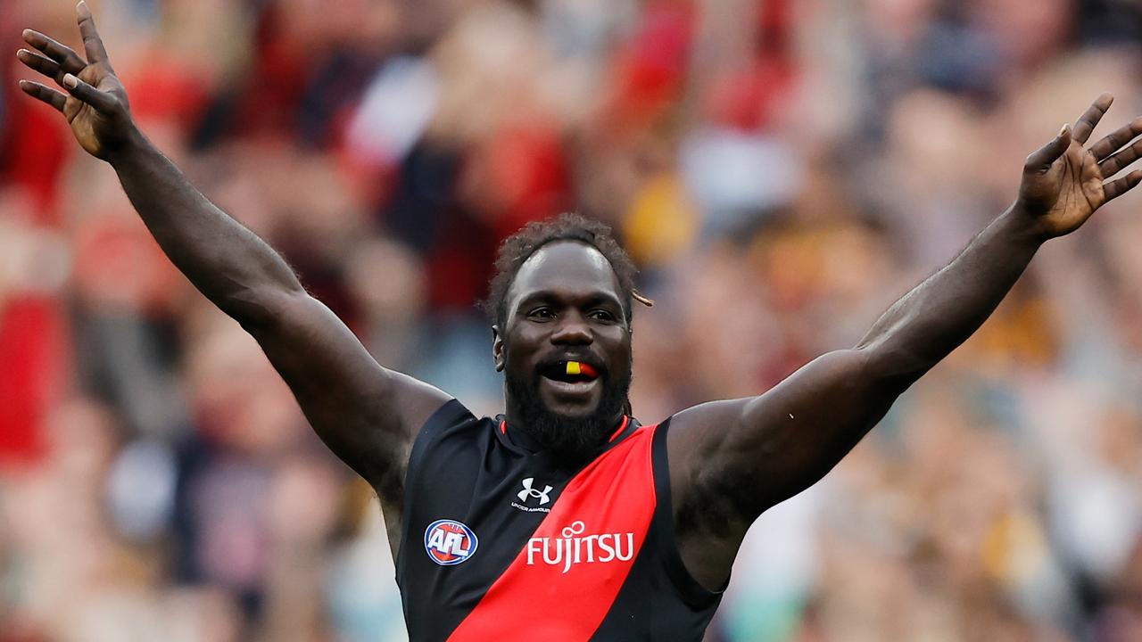 [PLAYERCARD]Anthony McDonald-Tipungwuti[/PLAYERCARD] celebrates his goal in his return to AFL football. Picture: Getty Images