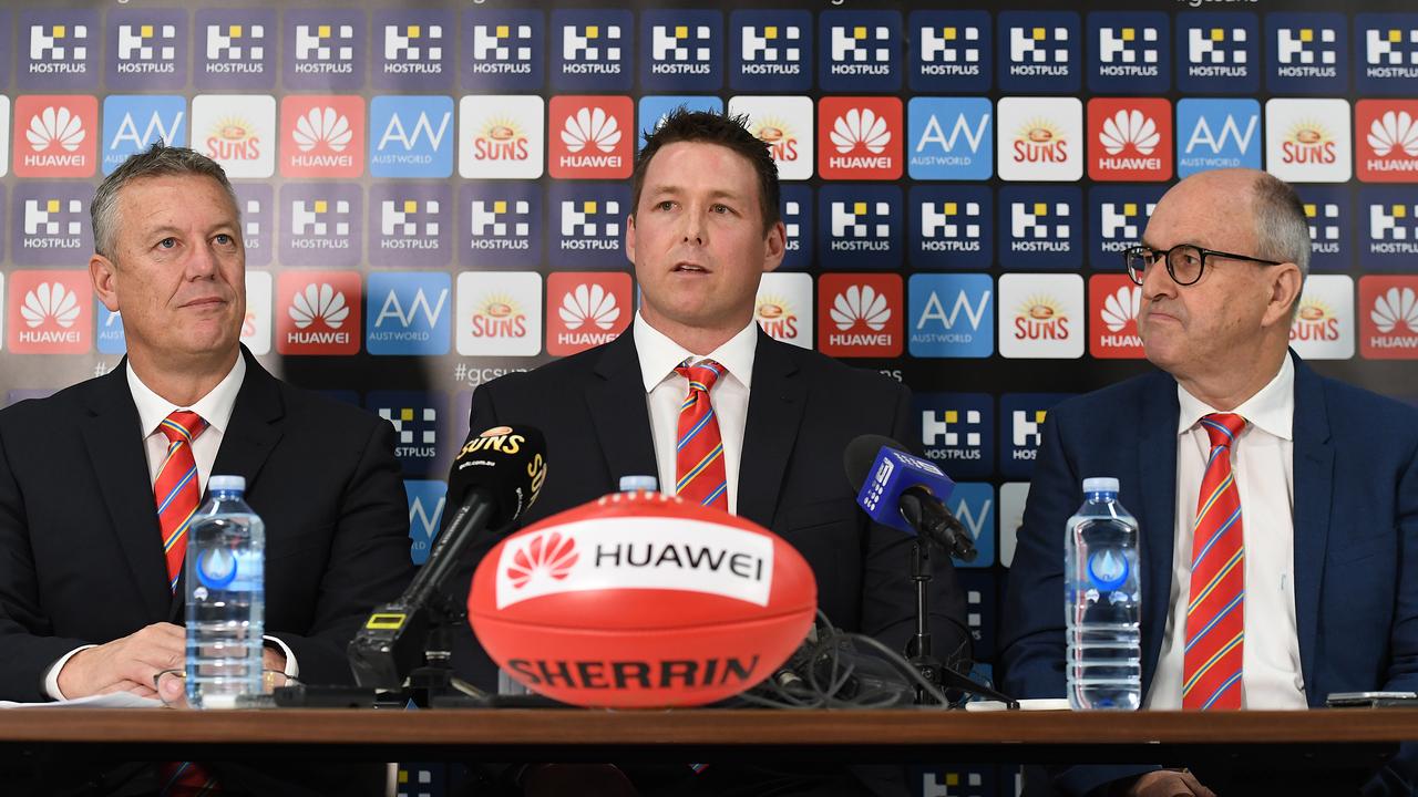 Mark Evans and Tony Cochrane at the announcement of Stuart Dew as head coach. Picture: AAP Images