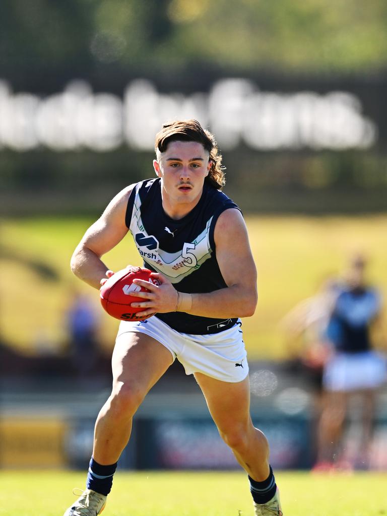IPSWICH, AUSTRALIA - JULY 13: Lachy Dovaston of Victoria Metro competes during the Marsh AFL National Championships U18 Boys match between Allies and Victoria Metro at Brighton Homes Arena, on July 13, 2025, in Ipswich, Australia. (Photo by Albert Perez/AFL Photos via Getty Images)