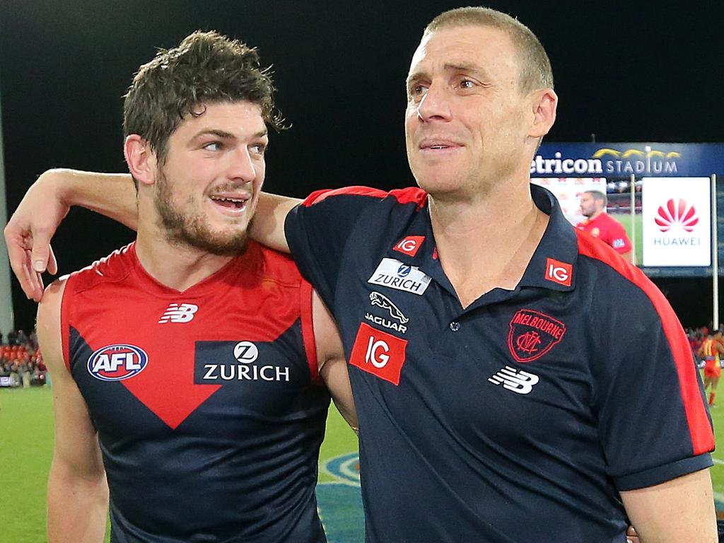 Melbourne midfield gun Angus Brayshaw with coach Simon Goodwin. Picture: AFL Photos/Getty Images