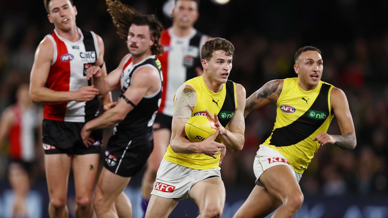 Richmond’s Thomson Dow breaks away from the pack at Marvel Stadium in 2023. How far will he go in 2024? Picture: Michael Klein