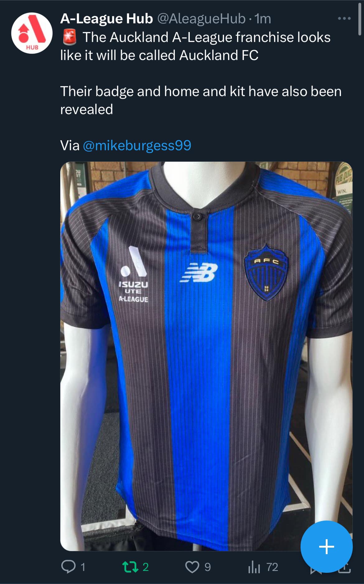 May be an image of soccer and text that says 'HUB A-League Hub @AleagueHub 1m The Auckland A-League franchise looks like it will be called Auckland FC Their badge and home and kit have also been revealed Via mikeburgess99 WIN. AB ISUZU A-LEAGUE + × 72'