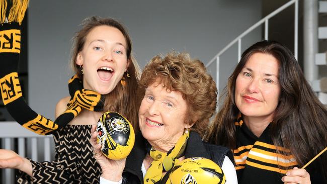 The family of beloved Richmond legend tommy Hafey is ready to rally behind the boys from Tigerland. Wife Maureen with daughter Joanne and granddaughter Samantha. Picture: Mark Stewart