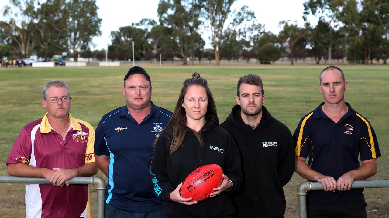Tungamah’s Troy Costigan, Shepparton East’s Mark Frost, Dookie United’s Kayla Sutherland and Luke O'Connor and Katandra’s Corey Wilson when the Picola and District league affiliation issues flared in 2018. Picture Yuri Kouzmin
