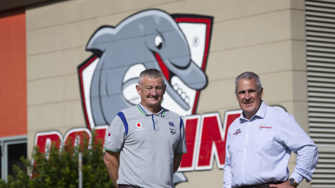 Warriors boss Mark Robinson and Dolphins CEO Tony Murphy at the Dolphins Stadium, Redcliffe. Picture: AAP/Sarah Marshall