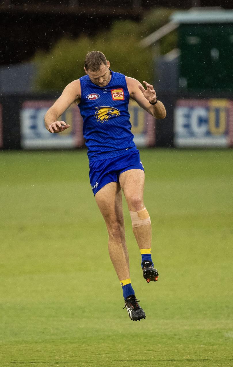 A very wet West Coast Eagles training session at Mineral Resources Park today: Matt Flynn. 