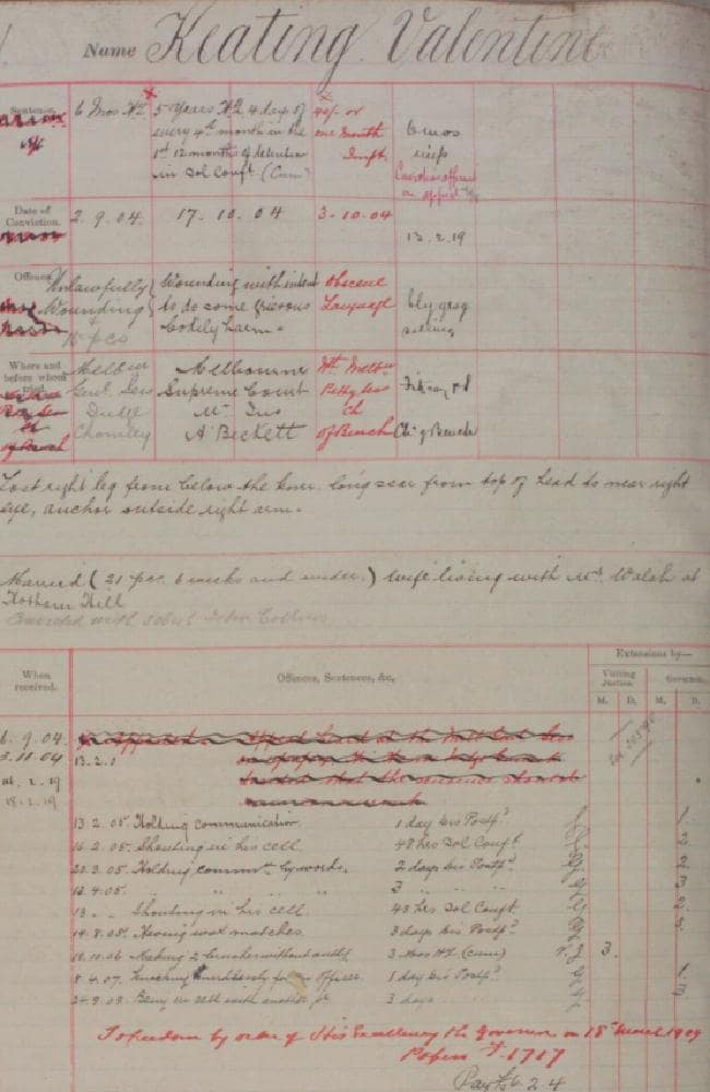 Valentine Keating’s prison record includes details of his imprisonment in 1904 and 1919. Picture: Public Records Office of Victoria