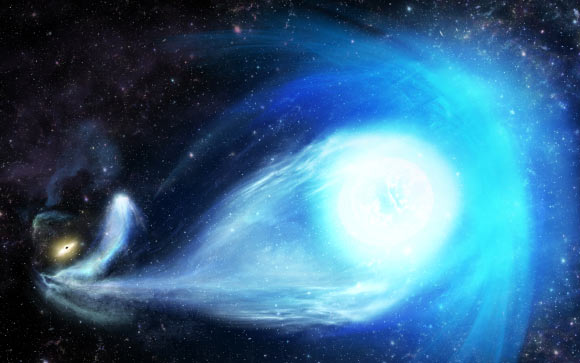 An artist’s impression of S5-HVS1’s ejection by Sagittarius A*, the supermassive black hole at the center of the Milky Way Galaxy. Sagittarius A* and the captured binary partner to S5-HVS1 are seen far away in the left corner of the picture, while S5-HVS1 is in the foreground, speeding away from them. Image credit: James Josephides, Swinburne Astronomy Productions.