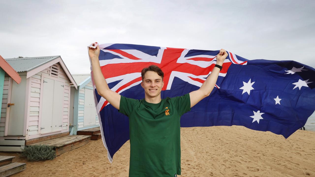 Aussie F1 driver Oscar Piastri feeling at home at the Brighton bathing boxes. Picture: David Caird