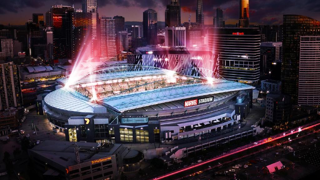 An artists's impression of what Marvel Stadium will look like lit up on a Melbourne night.