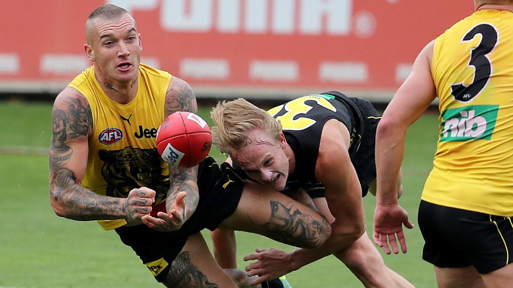 Dustin Martin fires off a handball during Richmond’s intra-club clash. Picture: Michael Klein