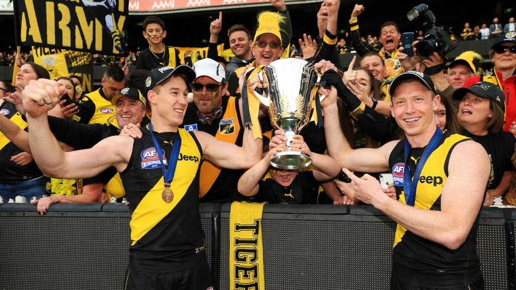 Tom Lynch and Grimes after the 2019 AFL Grand Final victory. Picture: Mark Stewart