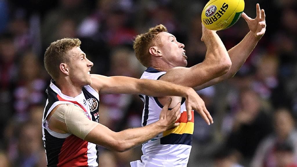 Callum Wilkie defends against Adelaide’s Tom Lynch in Round 6. Picture: Quinn Rooney/Getty