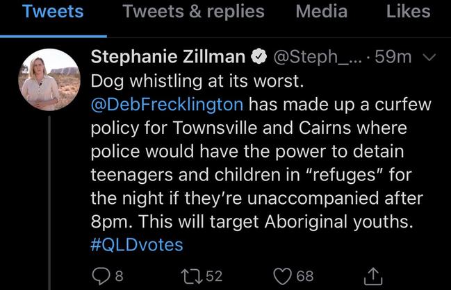 Stephanie Zillman's now deleted tweet.