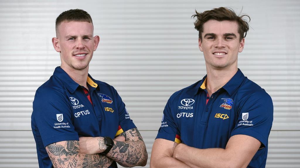 Ben Crocker and Ben Keays are happy to be at Adelaide. Picture: AAP Image/Roy Vandervegt