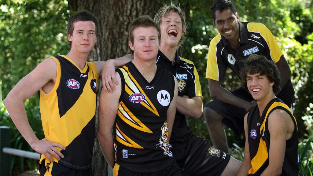 Richmond’s 2006 draft class (from left) Andrew Collins, Daniel Connors, Jack Riewoldt, Carl Peterson and Shane Edwards.