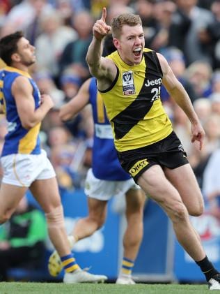 Jacob Townsend celebrates a goal in the final quarter as Richmond powered to the flag. Picture: Michael Klein