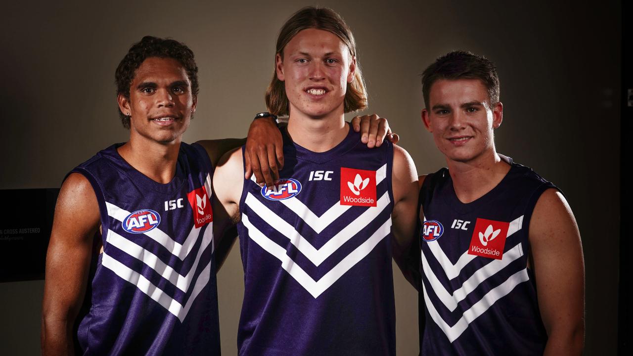 Liam Henry, Hayden Young, and Caleb Serong all joined Fremantle across three consecutive top ten picks. (AAP Image/Scott Barbour)