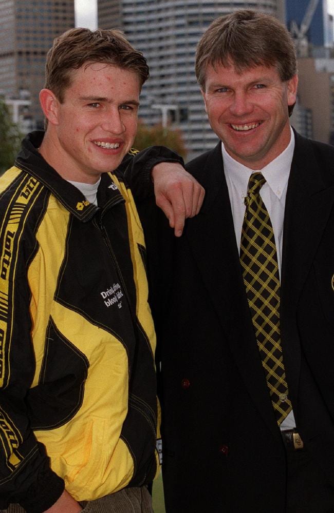 Aaron Fiora with then Richmond coach Danny Frawley after the 1999 AFL draft..