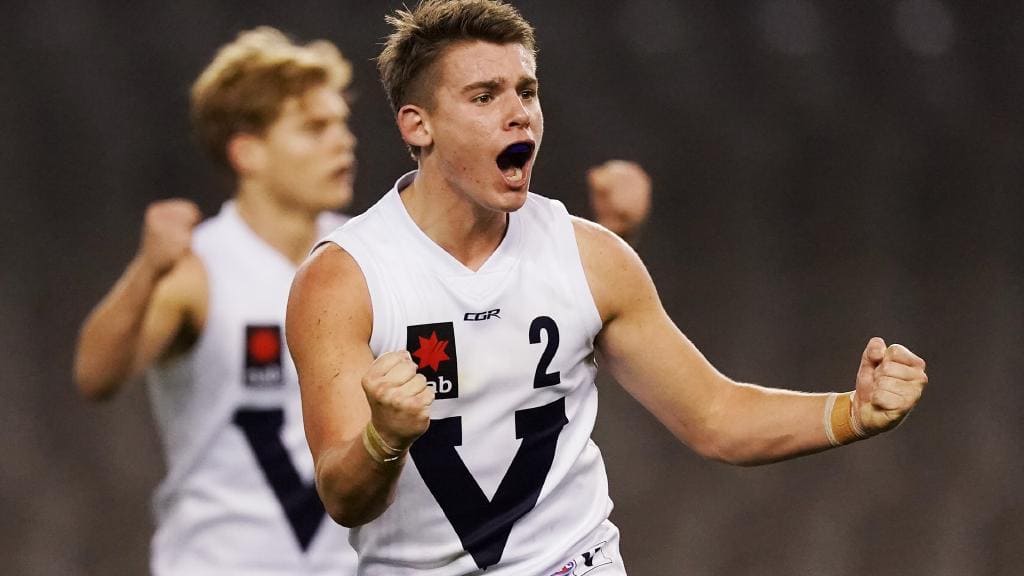AFL draft prospect Caleb Serong celebrates a goal for Vic Country during the AFL Under 18 National Championships this year. Picture: Michael Dodge/Getty Images