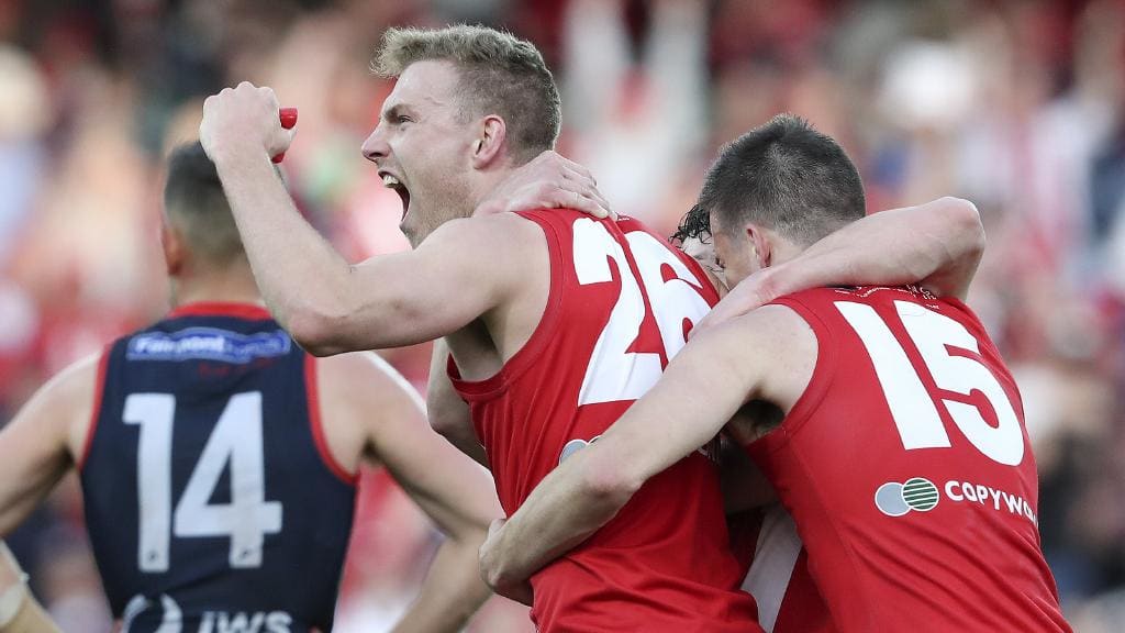 Callum Wilkie celebrates with North Adelaide teammates at the final siren of last year’s SANFL grand final at Adelaide Oval. Picture: Sarah Reed