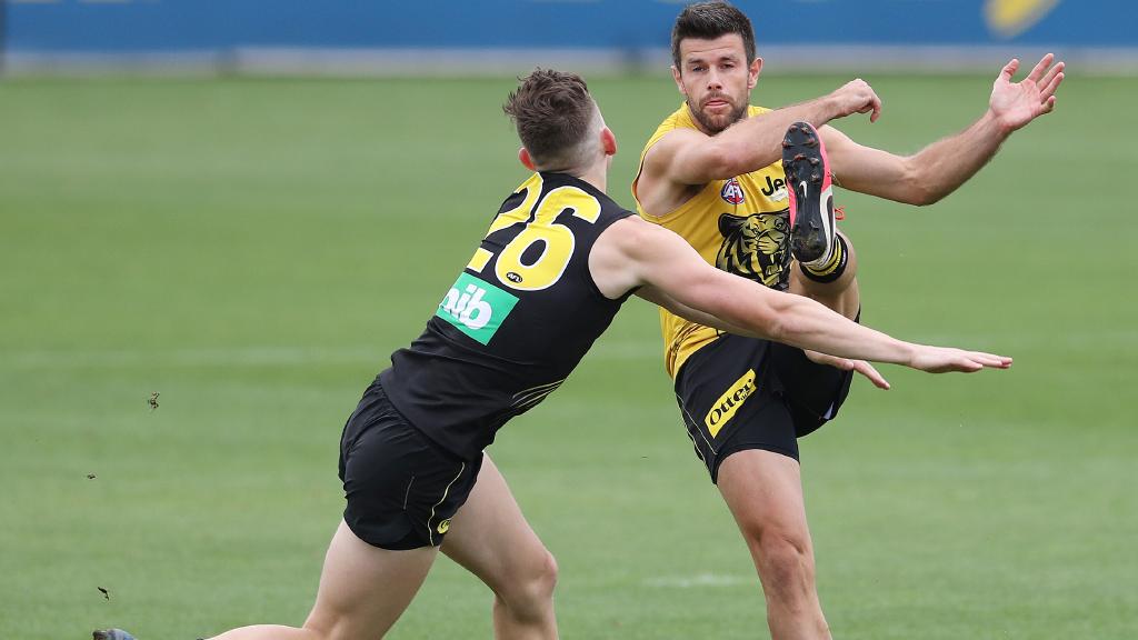 Trent Cotchin gets a clearing kick. Picture: Michael Klein