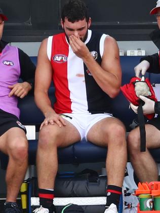 Paddy McCartin grimaces after suffering his eighth concussion last year.