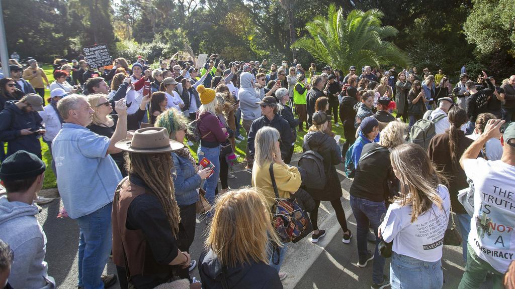 An anti-vaccination protest at Melbourne’s Royal Botanic Gardens. Picture: Tim Carrafa