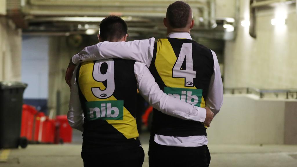 Brothers in arms ... Trent Cotchin and Dustin Martin after the Grand Final. Picture: Michael Klein