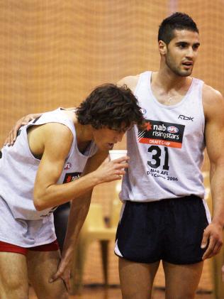 Bachar Houli congradulates Shane Edwards after their beep test at the 2006 AFL Draft camp.