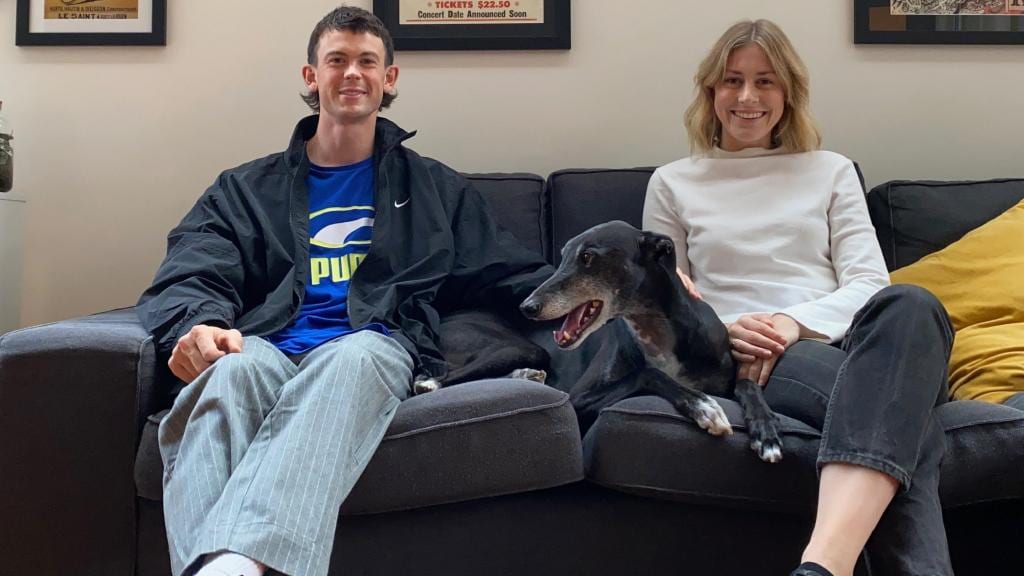 Jasper Pittard relaxes at home with partner Grace Gowers and their adopted greyhound, Zorro.