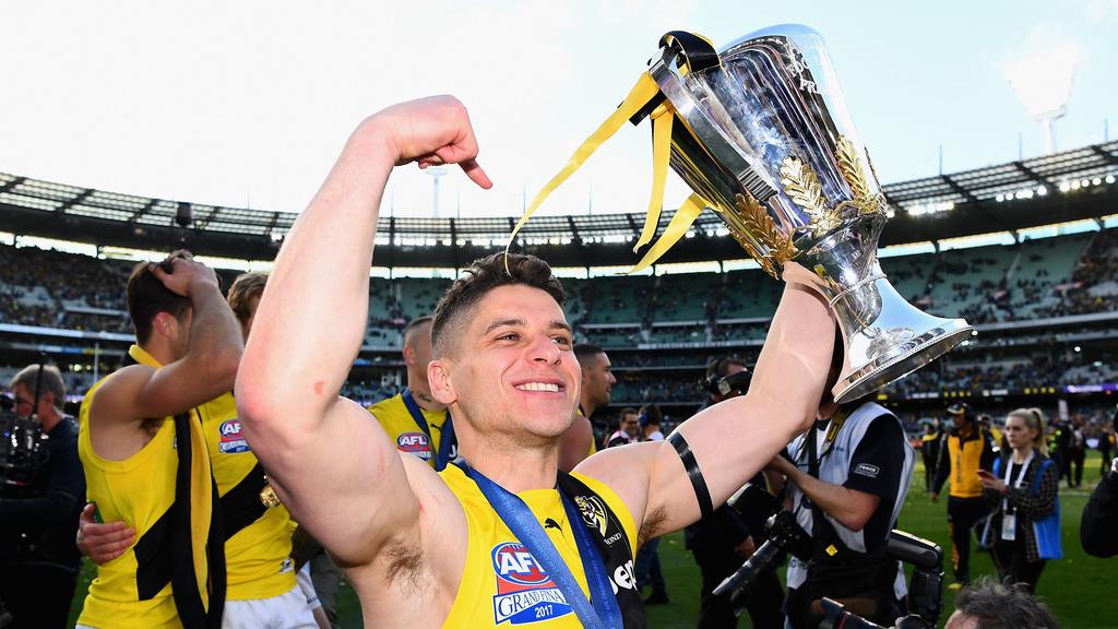 Prestia holds the 2017 premiership cup aloft. Picture: Getty Images