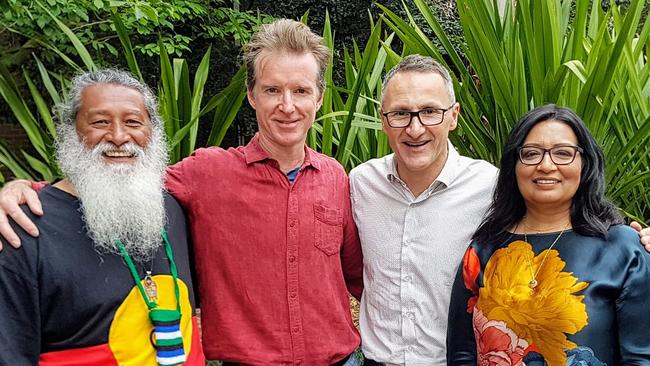Greens candidate Jonathan Doig, second from left, with Greens councillor Dominic WY Kanak, left, former federal Greens leader Richard di Natale and Greens senator Mehreen Faruqi