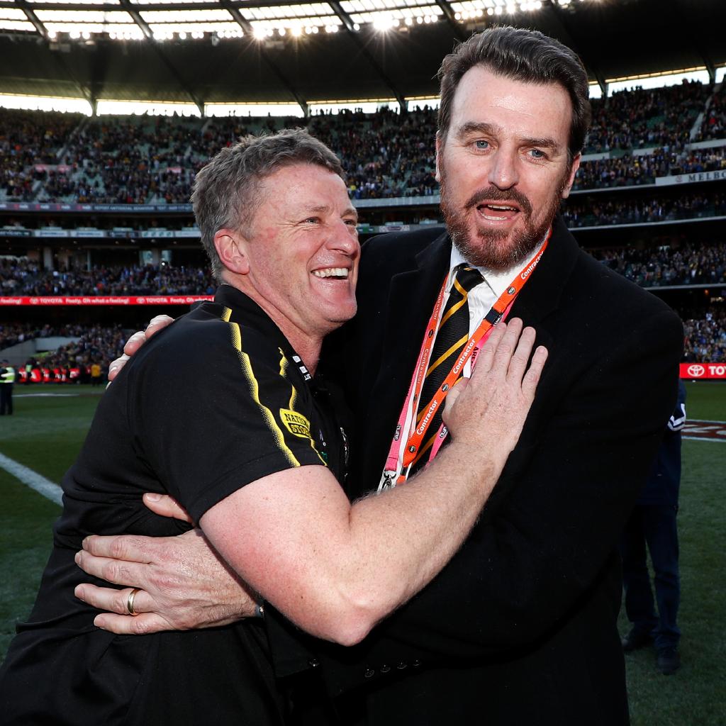 Damien Hardwick and CEO Brendon Gale celebrate after the 2019 Grand Final. Picture: Michael Willson